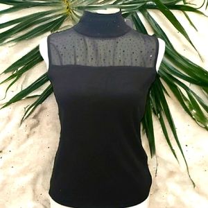 Carmen Marc Valvo Black Beaded Mock Neck Sleeveless Pullover Size SP